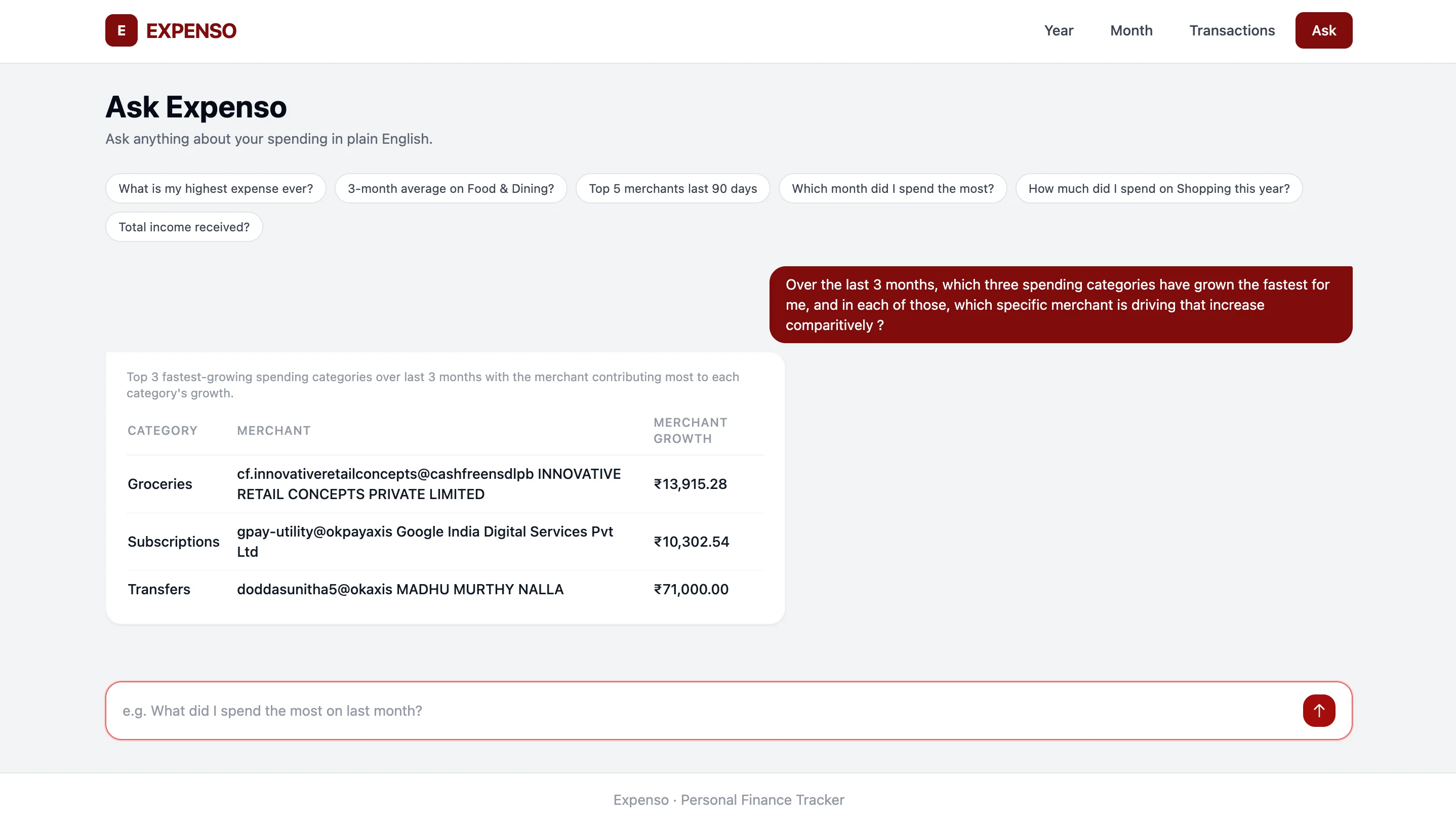 Ask Expenso natural-language query interface answering a spending question.